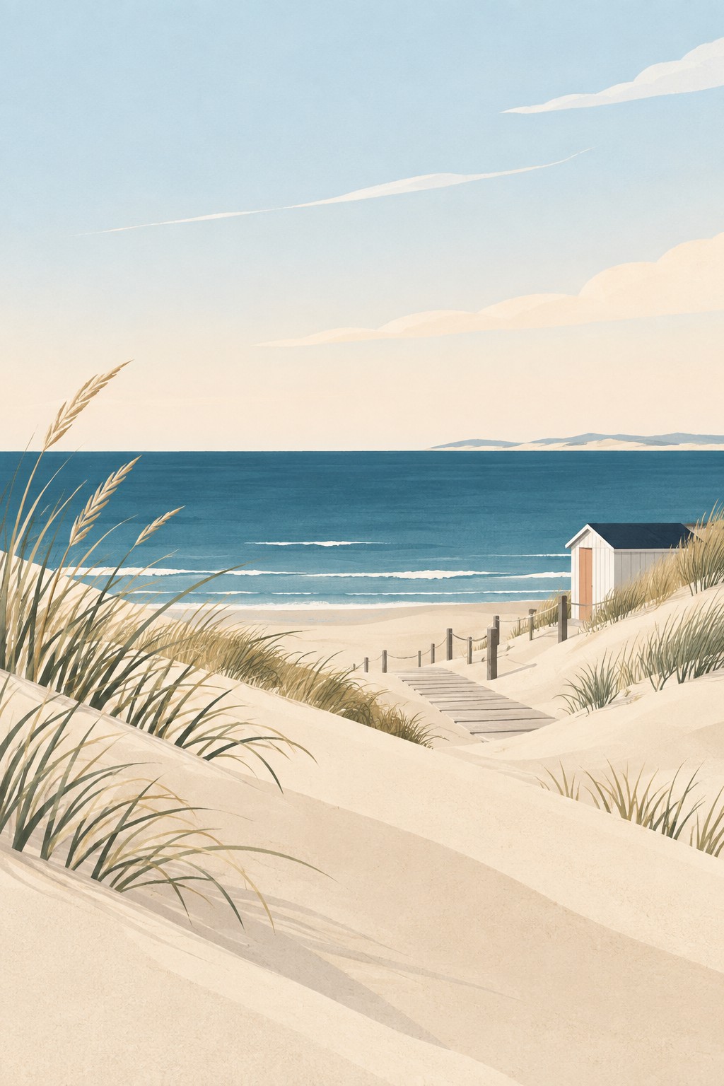 Illustration einer ruhigen Küstenlandschaft mit Dünen, Meer und kleiner Strandhütte